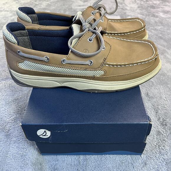 Sperry Lanyard Shoes Mens Size 7 Medium Tan Navy Boat Deck Leather Top-Sider New - Picture 2 of 11